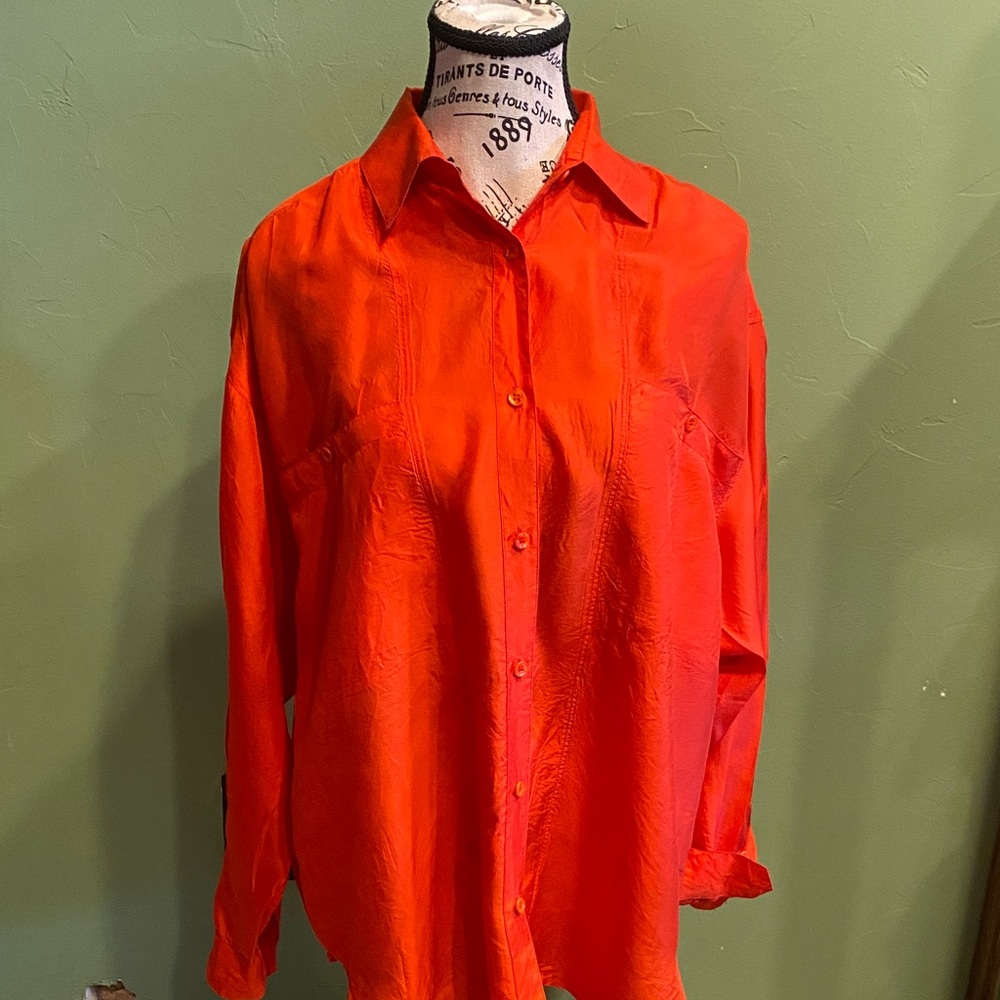 Women Bright Orange Long-Sleeve Button-Down Shirt medium 100% Silk